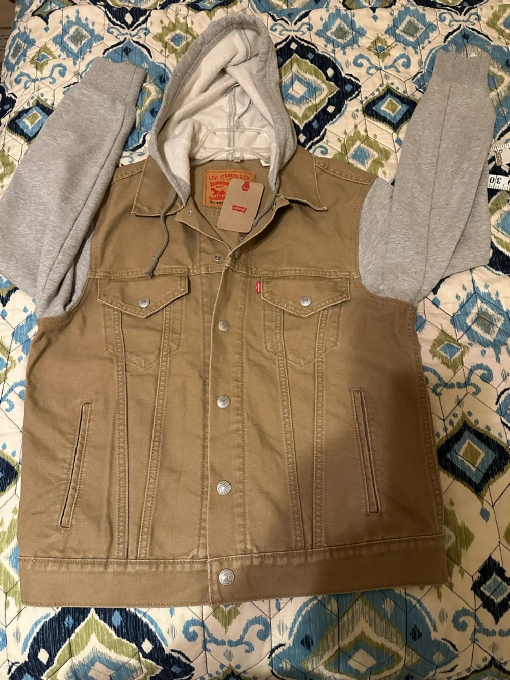 Levi's®Hybrid Tigers Eye Hoodie Jacket Tan Canvas with Gray Hoodie Sleeves. Sz S - Picture 10 of 16